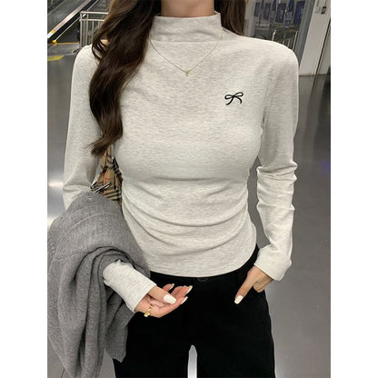 Long-Sleeve Mock Neck Bow Embroidered Ruched Slim Fit Crop T-Shirt