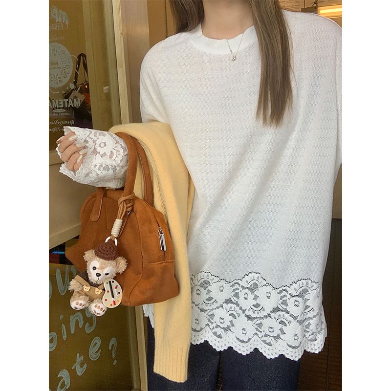 Long-Sleeve Round Neck Plain Lace Panel T-Shirt