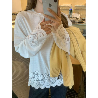 Long-Sleeve Round Neck Plain Lace Panel T-Shirt