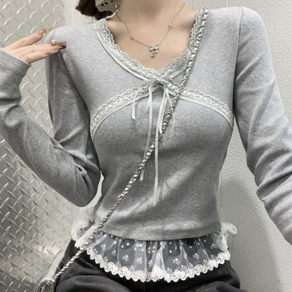 Long-Sleeve V-Neck Plain Lace Trim Tie Front Slim Fit Crop T-Shirt