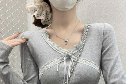 Long-Sleeve V-Neck Plain Lace Trim Tie Front Slim Fit Crop T-Shirt