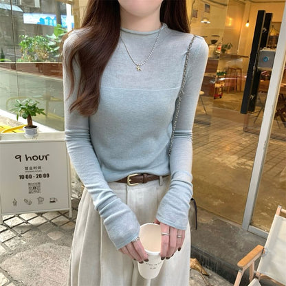 Long-Sleeve Mock Neck Plain Sheer Panel Slim Fit Knit Top