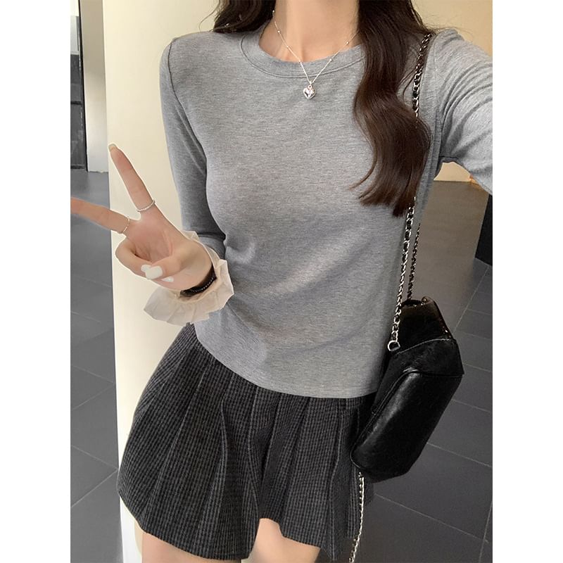 Long-Sleeve Crew Neck Two Tone Flared Cuff Slim Fit T-Shirt