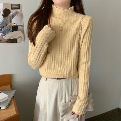 Long-Sleeve Mock Neck Plain Jacquard Lettuce Edge Knit Top