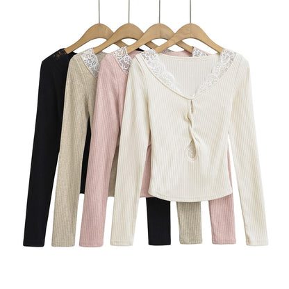 Scoop Neck Ribbed Lace Trim Keyhole Knit Top