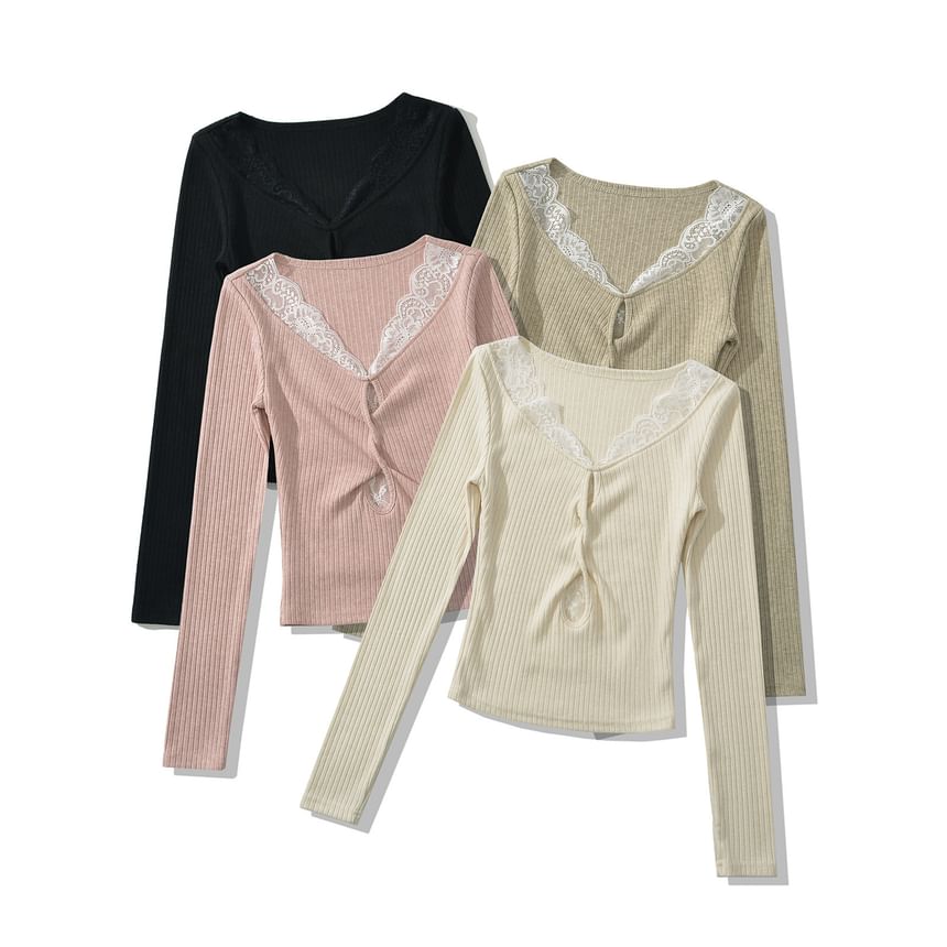 Scoop Neck Ribbed Lace Trim Keyhole Knit Top