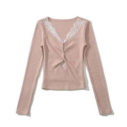 Scoop Neck Ribbed Lace Trim Keyhole Knit Top