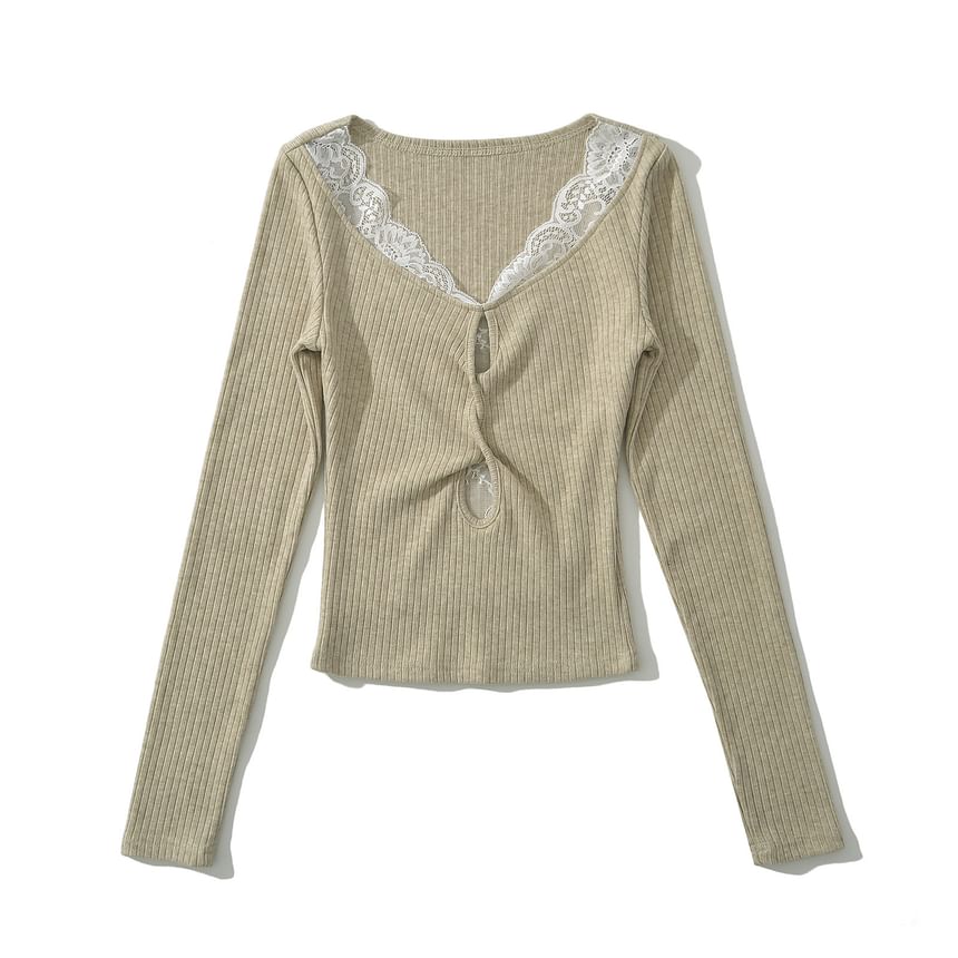 Scoop Neck Ribbed Lace Trim Keyhole Knit Top