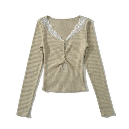 Scoop Neck Ribbed Lace Trim Keyhole Knit Top