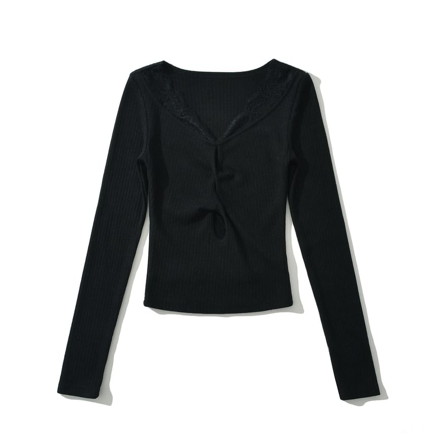 Scoop Neck Ribbed Lace Trim Keyhole Knit Top