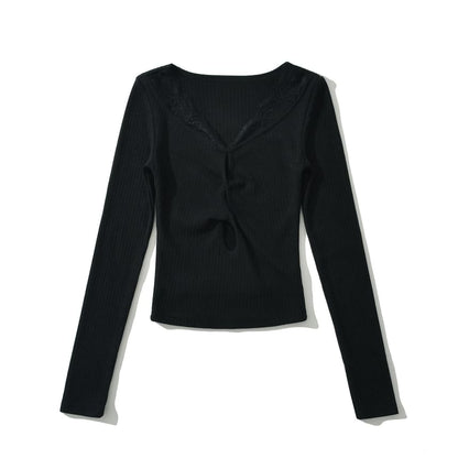 Scoop Neck Ribbed Lace Trim Keyhole Knit Top