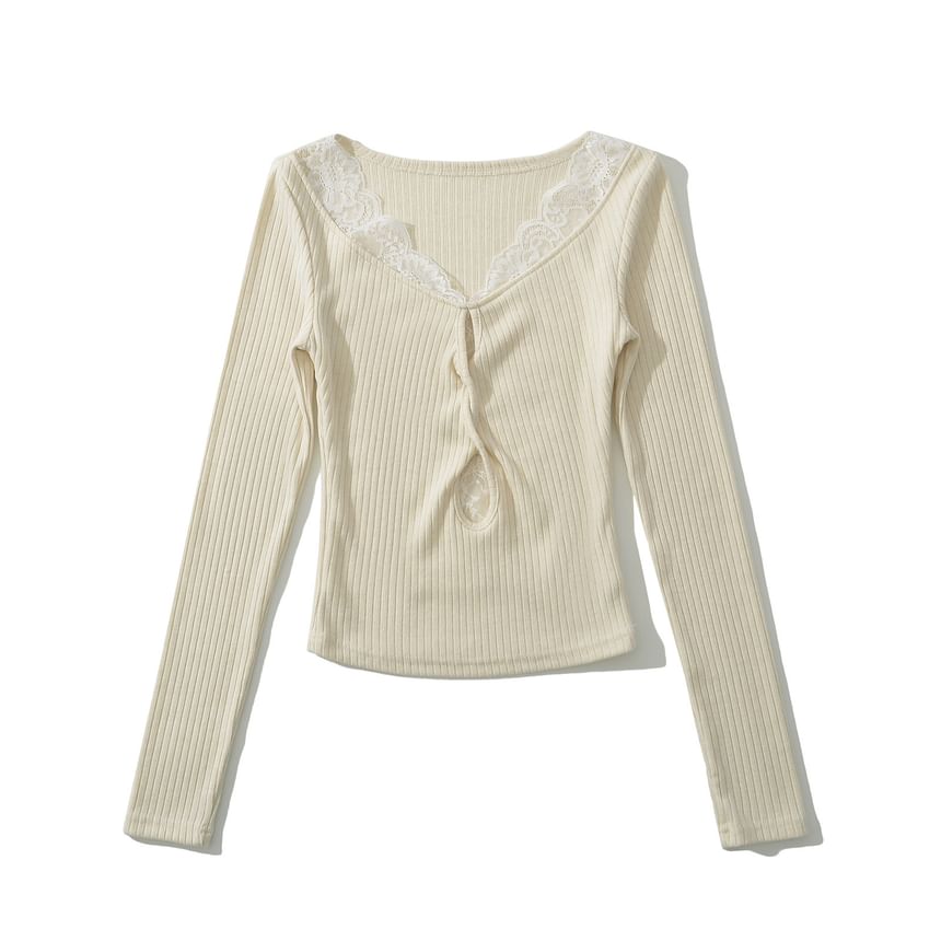 Scoop Neck Ribbed Lace Trim Keyhole Knit Top