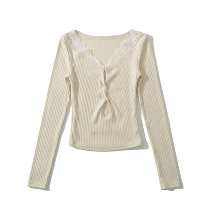 Scoop Neck Ribbed Lace Trim Keyhole Knit Top