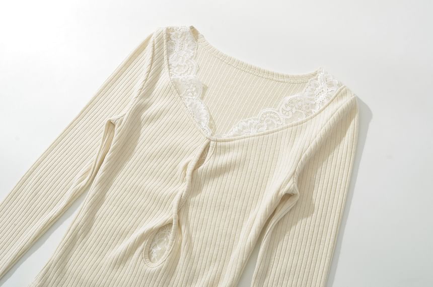 Scoop Neck Ribbed Lace Trim Keyhole Knit Top