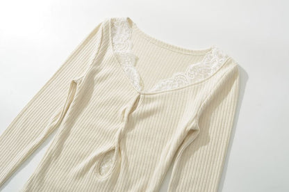 Scoop Neck Ribbed Lace Trim Keyhole Knit Top