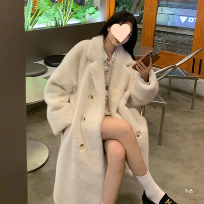 Plain Faux Fur Midi Double-Breasted Coat