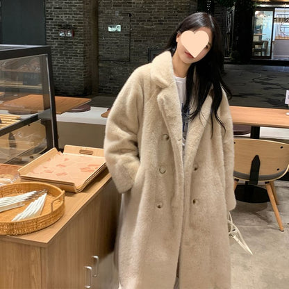 Plain Faux Fur Midi Double-Breasted Coat