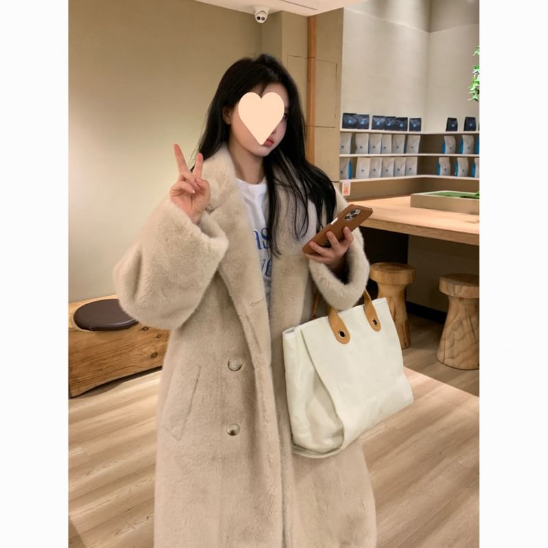 Plain Faux Fur Midi Double-Breasted Coat