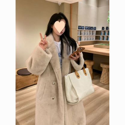 Plain Faux Fur Midi Double-Breasted Coat