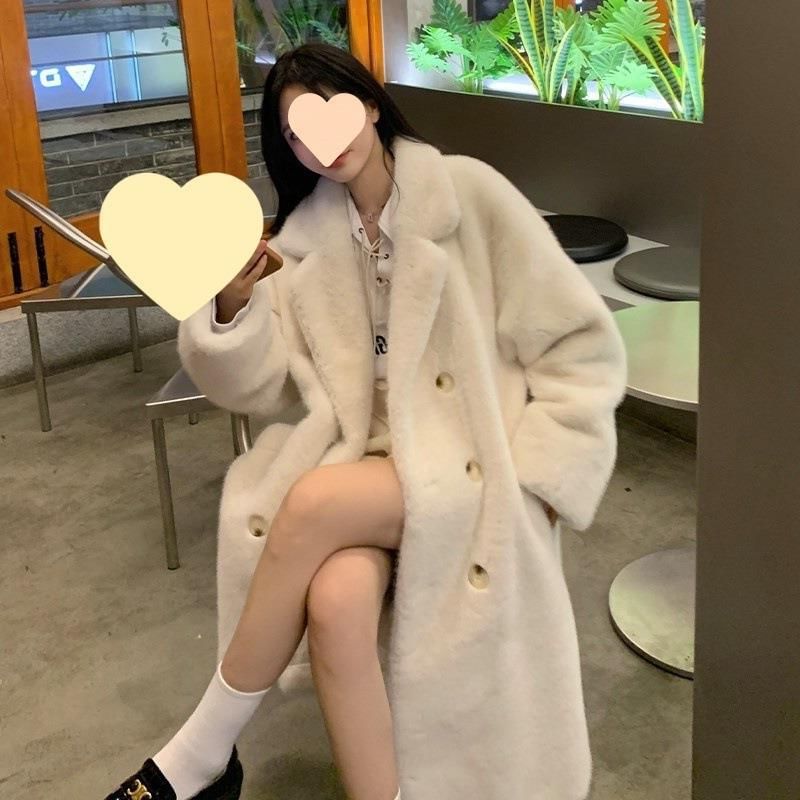 Plain Faux Fur Midi Double-Breasted Coat
