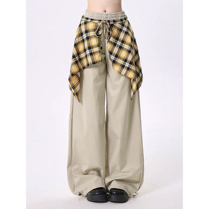 High Rise Mock Two Piece Plaid Panel Loose-Fit Wide-Leg Pants