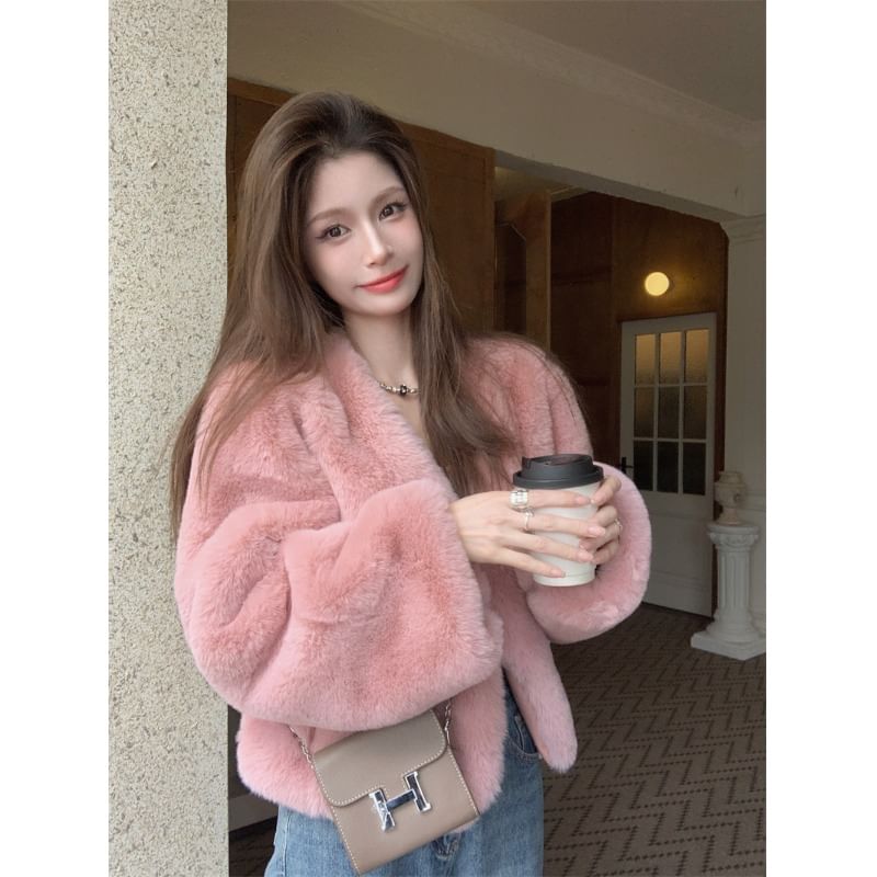 Plain Fluffy Open Front Crop Jacket
