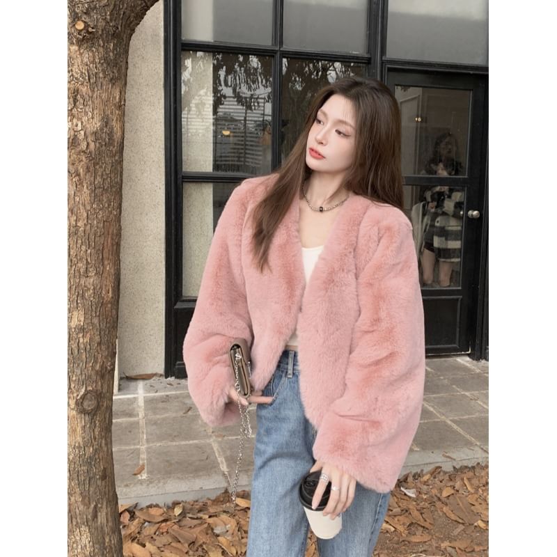 Plain Fluffy Open Front Crop Jacket