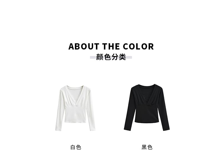 V-Neck Panel Lace T-Shirt with Long Sleeves