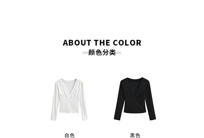 V-Neck Panel Lace T-Shirt with Long Sleeves