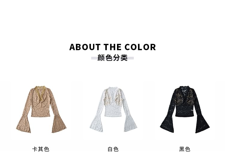 Bell Sleeve V-Neck Top with Lace Accents