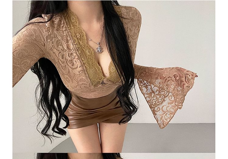 Bell Sleeve V-Neck Top with Lace Accents