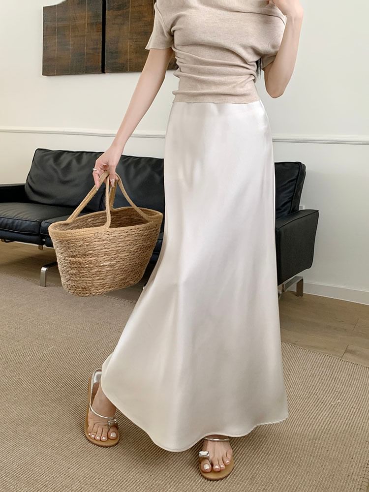 High Waist Satin Solid Maxi Flared Skirt