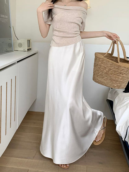 High Waist Satin Solid Maxi Flared Skirt