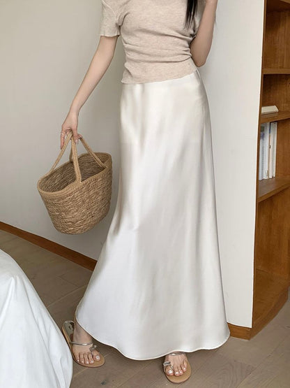 High Waist Satin Solid Maxi Flared Skirt