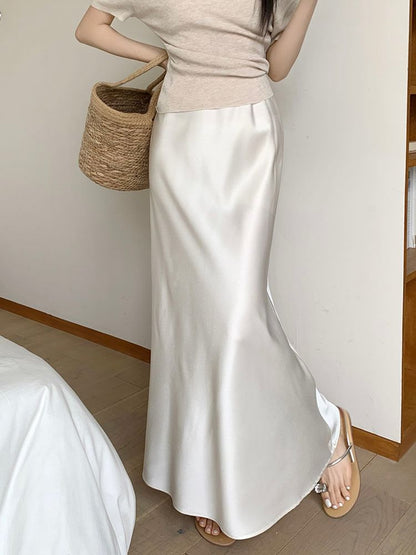 High Waist Satin Solid Maxi Flared Skirt