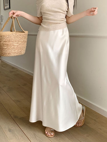 High Waist Satin Solid Maxi Flared Skirt