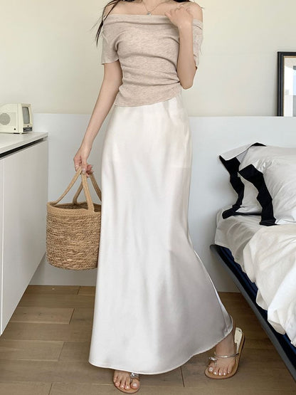 High Waist Satin Solid Maxi Flared Skirt