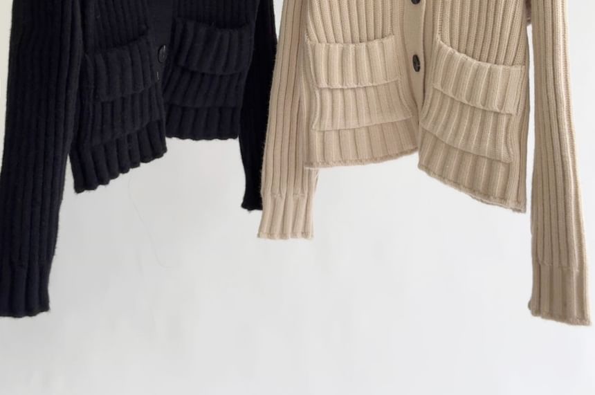 Ribbed Pocket Detail Plain Cardigan