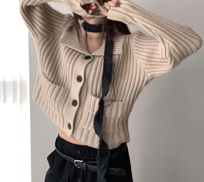 Ribbed Pocket Detail Plain Cardigan