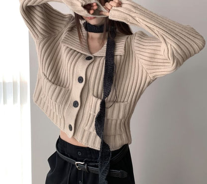 Ribbed Pocket Detail Plain Cardigan