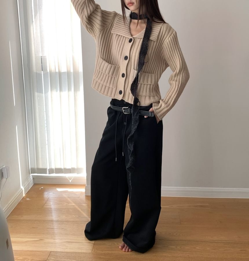 Ribbed Pocket Detail Plain Cardigan