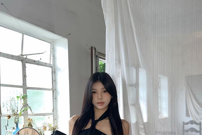 Halter Plain Studded Top / Mid Rise Pleated Belted Faux Leather Mini A-Line Skirt