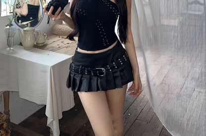 Halter Plain Studded Top / Mid Rise Pleated Belted Faux Leather Mini A-Line Skirt