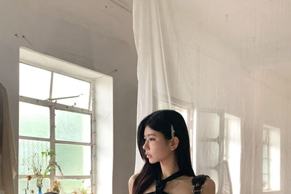 Halter Plain Studded Top / Mid Rise Pleated Belted Faux Leather Mini A-Line Skirt