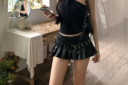 Halter Plain Studded Top / Mid Rise Pleated Belted Faux Leather Mini A-Line Skirt