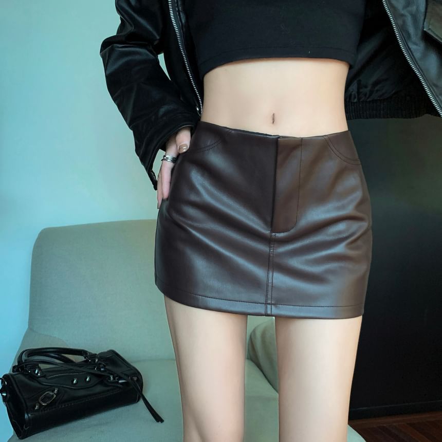 Mid Waist Solid Faux Leather Mini Pencil Skirt