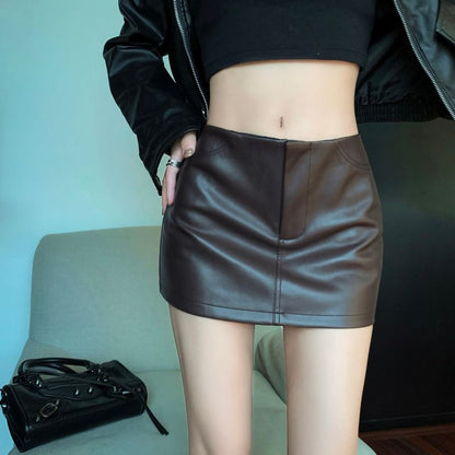 Mid Waist Solid Faux Leather Mini Pencil Skirt