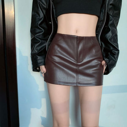Mid Waist Solid Faux Leather Mini Pencil Skirt