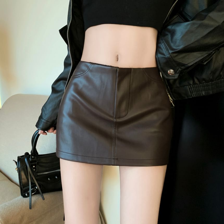 Mid Waist Solid Faux Leather Mini Pencil Skirt