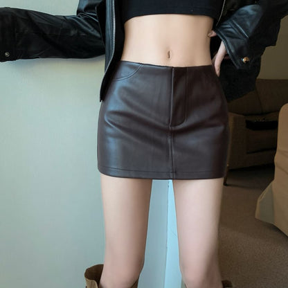 Mid Waist Solid Faux Leather Mini Pencil Skirt